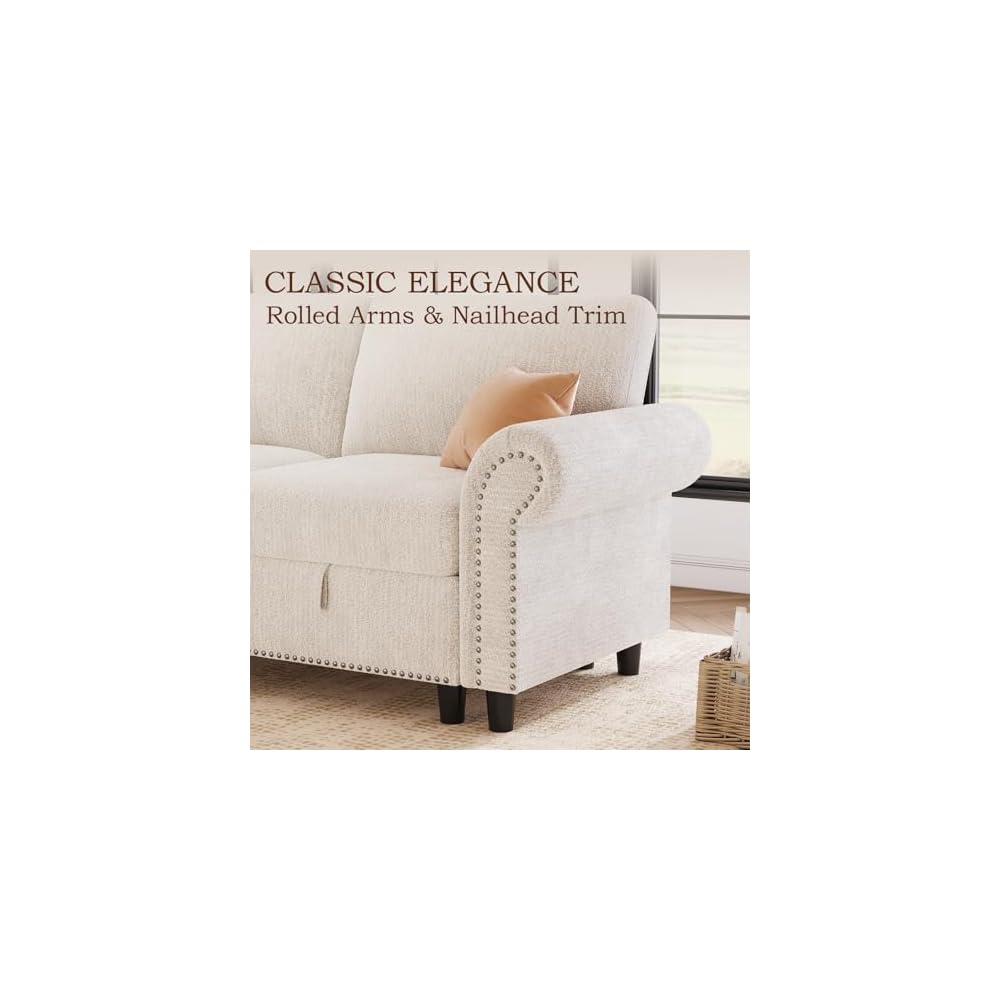 106" Modular Sectional Sleeper Sofa for Living Room with Pull Out Bed, 7 Seat U Shaped Pull Out Couch with Storage, Modular Sectional Sofas, Modern Chenille Couch Bed Sofas, White