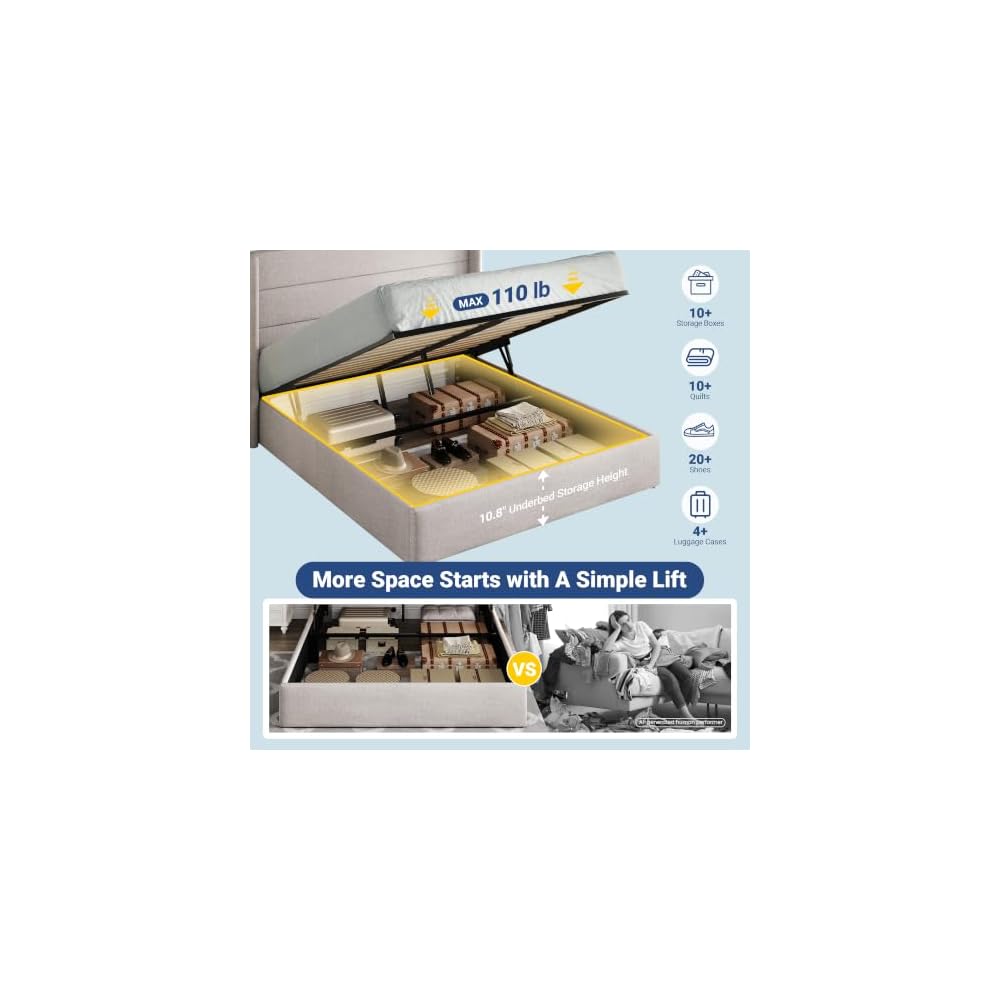 Allewie Queen Size Lift Up Hydraulic Storage Bed Frame Light Beige