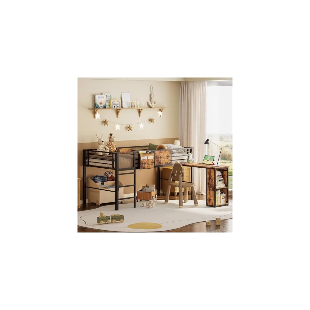 LIKIMIO Low Loft Bed Twin Size with Desk & 25 Heavy-Duty Steel Slats