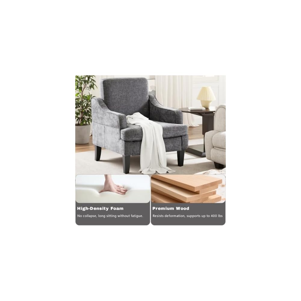 Mid-Century Accent Chair, Comfy Arm Chair Upholstered Living Room Chair for Bedroom, Fabric Reading Chair with Wood Legs for Apartment, Waiting Room, Vanity Room (Darkgray)