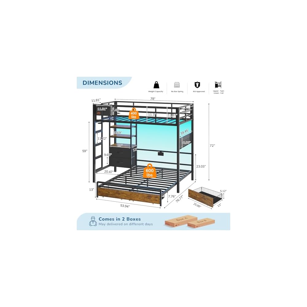 Bunk Bed Twin Over Full with 4 Storage Drawers and 3-Tier Bookshelf, Black