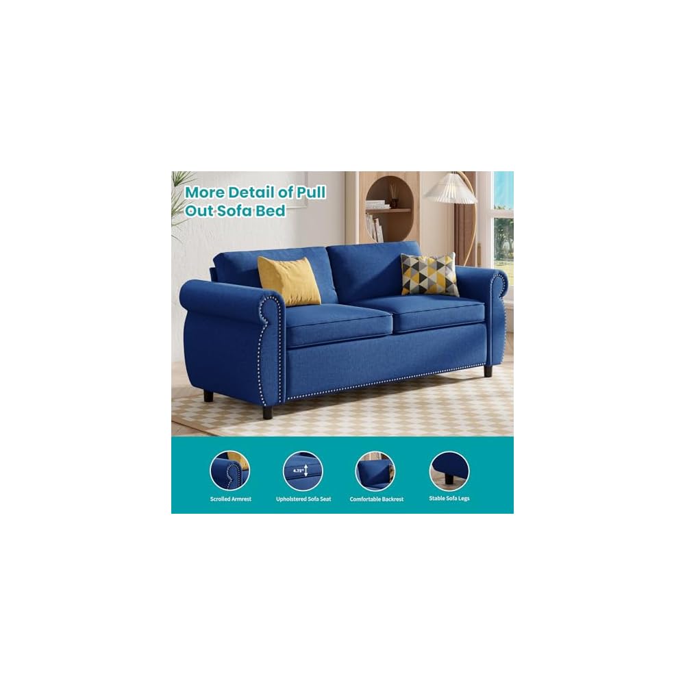 BALUS Pull Out Sofa Bed Queen, 2-in-1 Convertible Sofa Sleeper Bed with Nailhead Armrests, Pull Out Couch with Thickened Cushions and Memory Foam Mattress for Living Room Guest Room, Blue