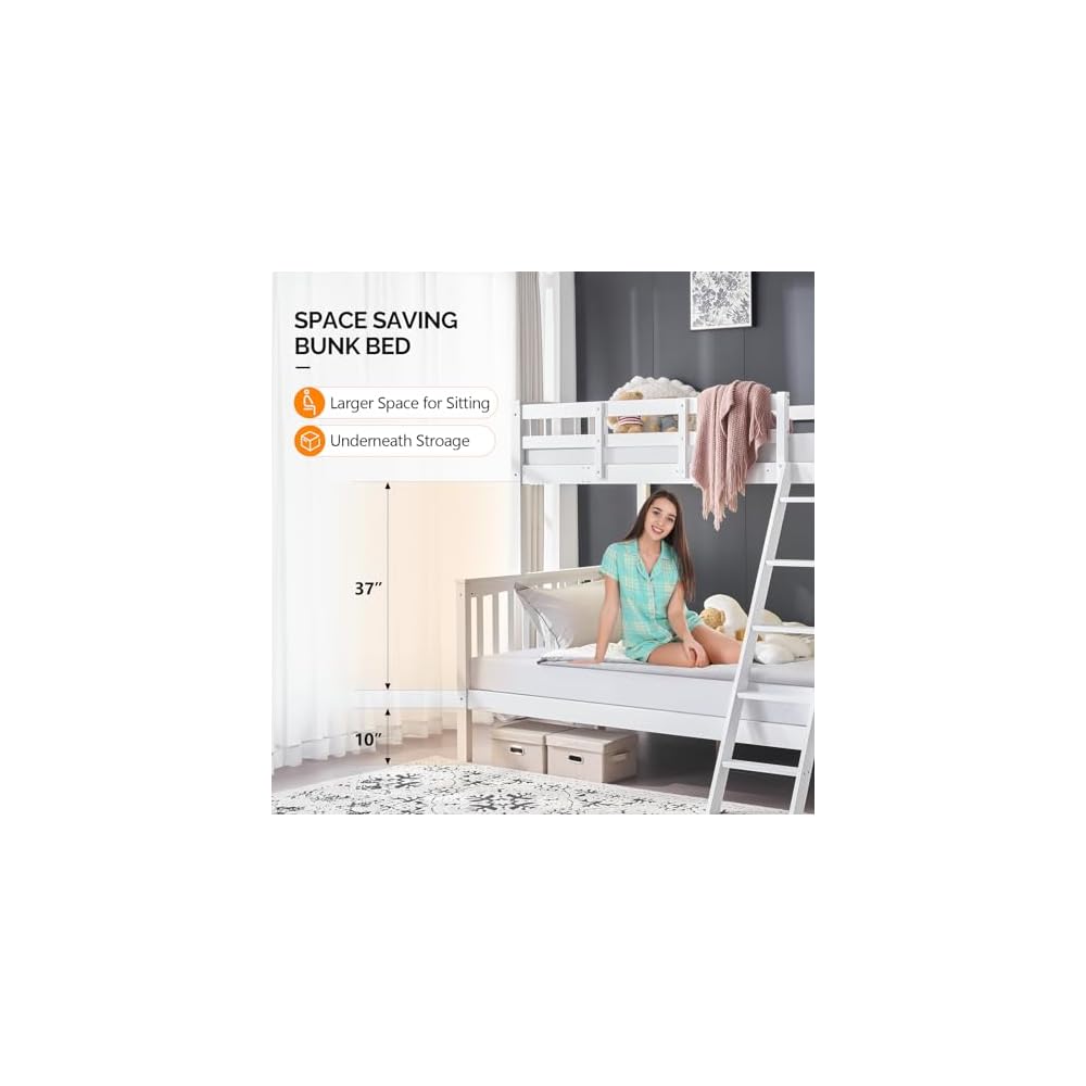 VINGLI Bunk Bed Twin Over Full Size with 15 inches Extra Tall Guardrail/LED Light/Charging Station, Convertible Solid Wood Space-Saving Bed for Small Space, Heavy Duty Wood Slats Support, White