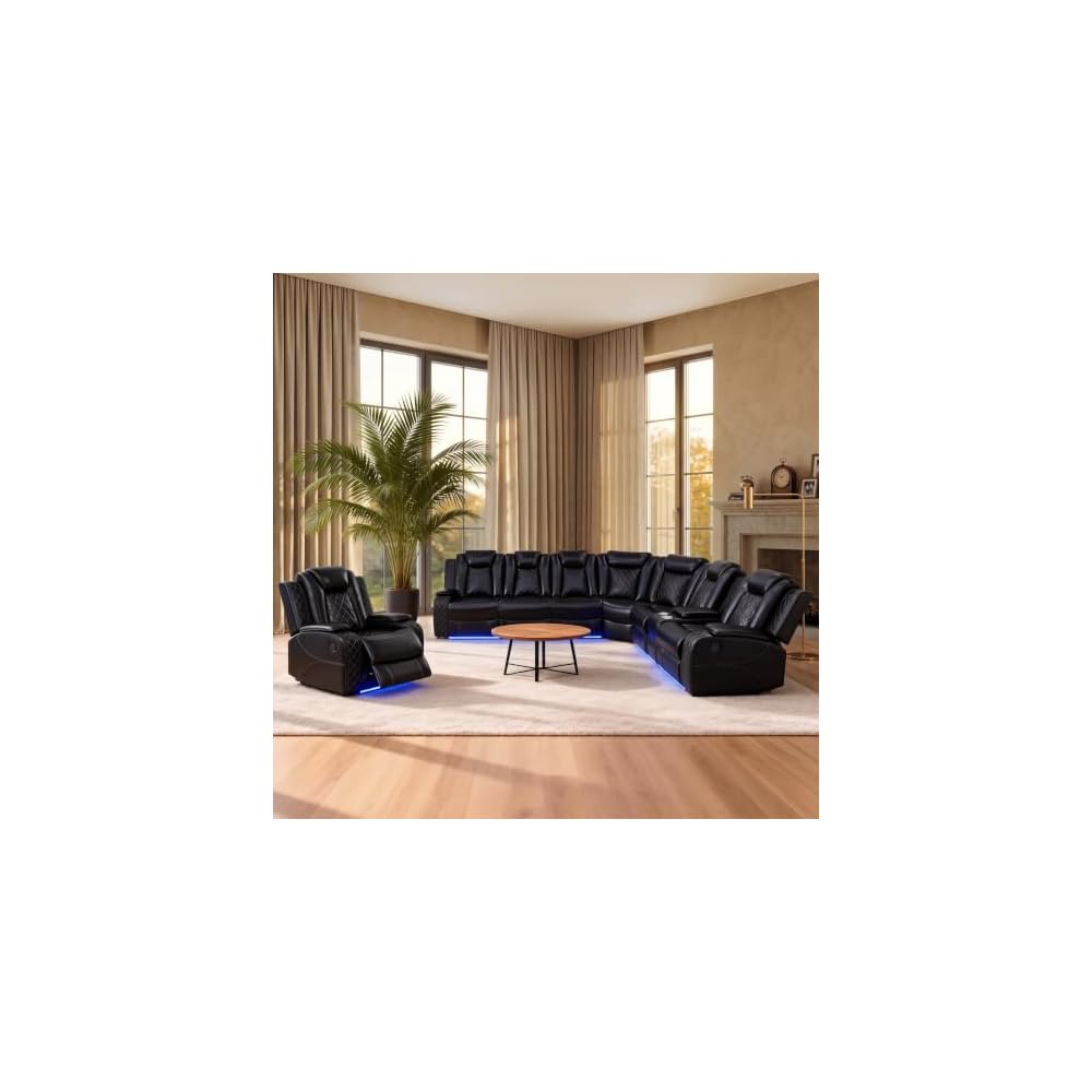 Power Reclining Sectional Sofa for Living Room,Modern L-Shaped Air Leather Sectional Couch Set,Recliner Sofa Set,with LED Lights,Cup Holder,Storage,Charging Ports,Home (Sectional+C)
