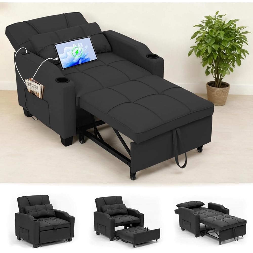 Garvee Sleeper Chair Pull Out Bed, 4 in 1 Convertible Sofa Chair Bed with Vibration Massage Lumbar Pillow, Single Sofa Recliner with USB/Type-C Port, Cup Holders & Side Pocket for Small Spaces, Black