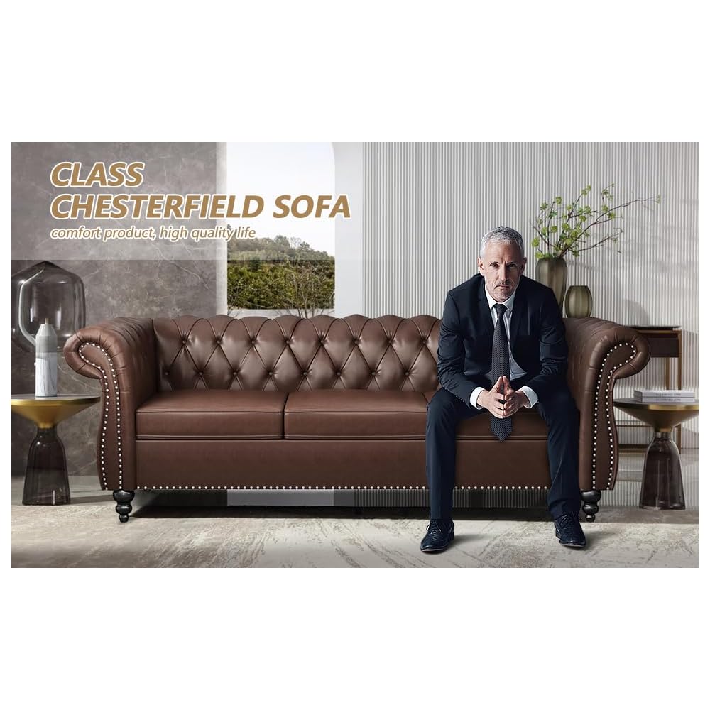 AVZEAR Chesterfield Leather Sofa 3 Seater Couch, Mid-Century Large Sofa Roll Arm Classic Tufted Settee Modern PU Sofa with Channel Tufted Seat Back for Living Room, Office, Apartment, PU Brown