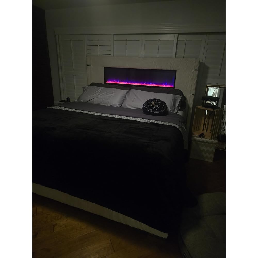 AMERLIFE Cal King Fireplace Bed Frame, Upholstered Headboard, Cream