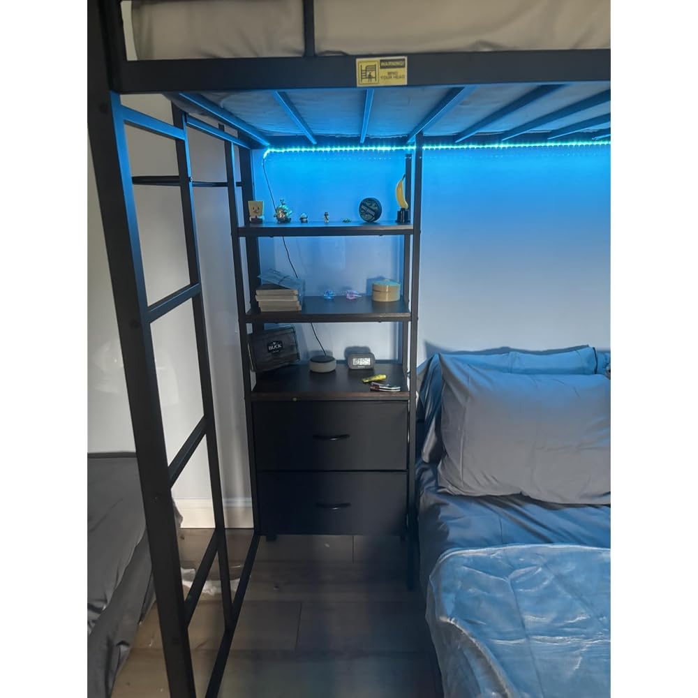 Bunk Bed Twin Over Full with 4 Storage Drawers and 3-Tier Bookshelf, Black