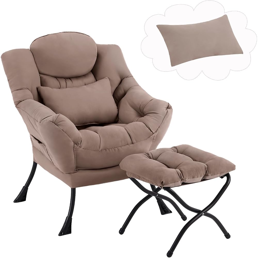 Furlide Lazy Chair with Ottoman, Comfy Reading Chair with Pillow， Khaki