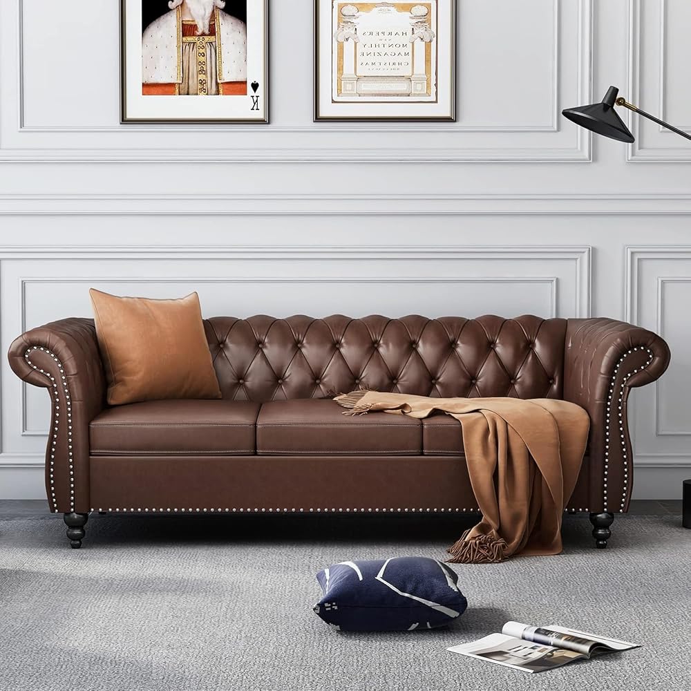 AVZEAR Chesterfield Leather Sofa 3 Seater Couch, Mid-Century Large Sofa Roll Arm Classic Tufted Settee Modern PU Sofa with Channel Tufted Seat Back for Living Room, Office, Apartment, PU Brown