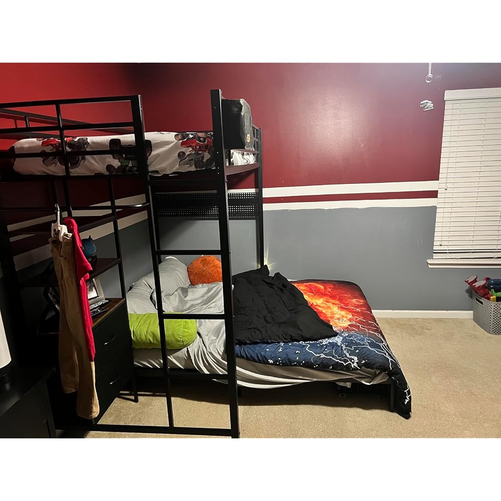 Bunk Bed Twin Over Full with 4 Storage Drawers and 3-Tier Bookshelf, Black