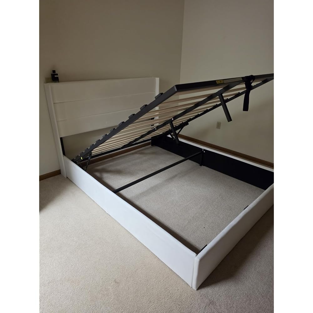 Allewie Queen Size Lift Up Hydraulic Storage Bed Frame Light Beige