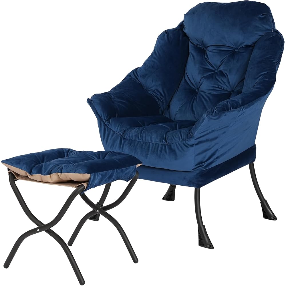 Kokel Lazy Chair with Folding Ottoman,Living Room Chairs, Accent Contemporary Lounge Chair, Single Steel Frame Leisure Sofa Chair with Armrests and A Side Pocket (Blue)