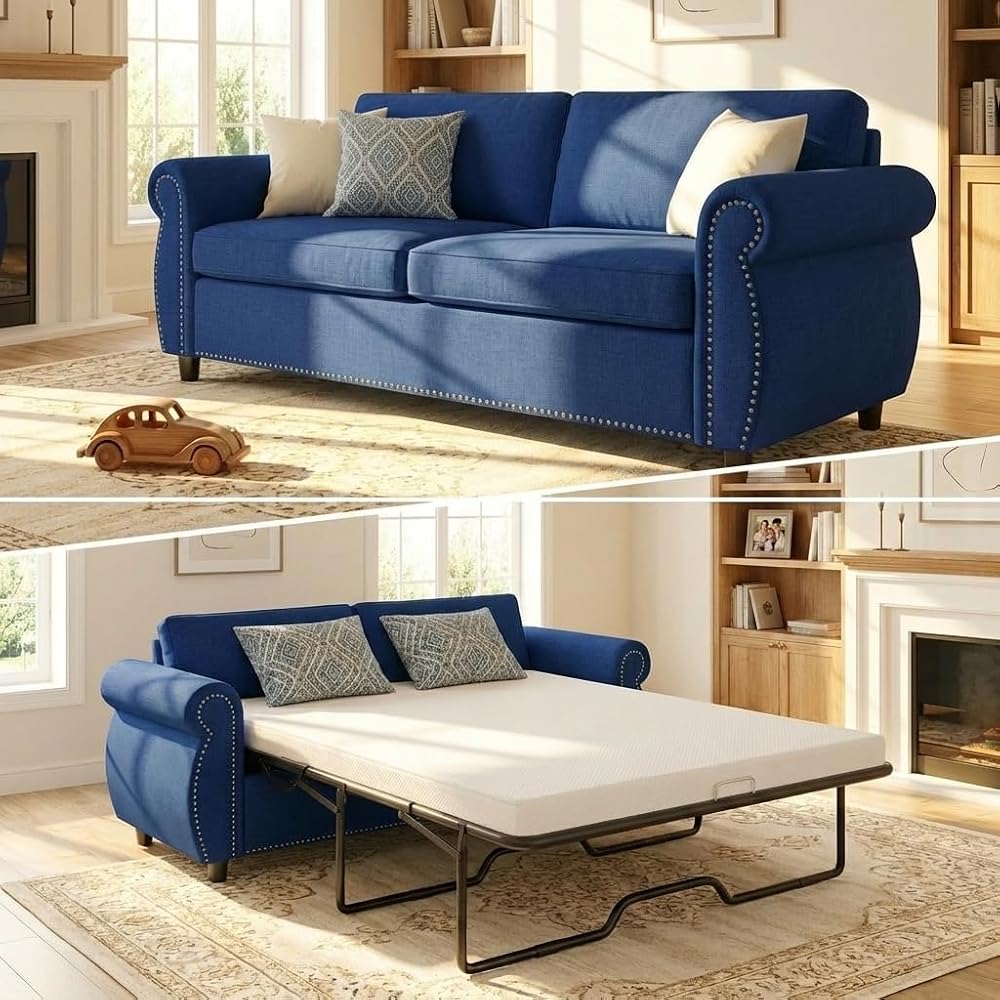 BALUS Pull Out Sofa Bed Queen, 2-in-1 Convertible Sofa Sleeper Bed with Nailhead Armrests, Pull Out Couch with Thickened Cushions and Memory Foam Mattress for Living Room Guest Room, Blue