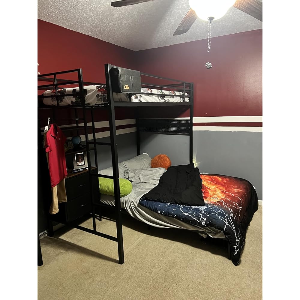 Bunk Bed Twin Over Full with 4 Storage Drawers and 3-Tier Bookshelf, Black