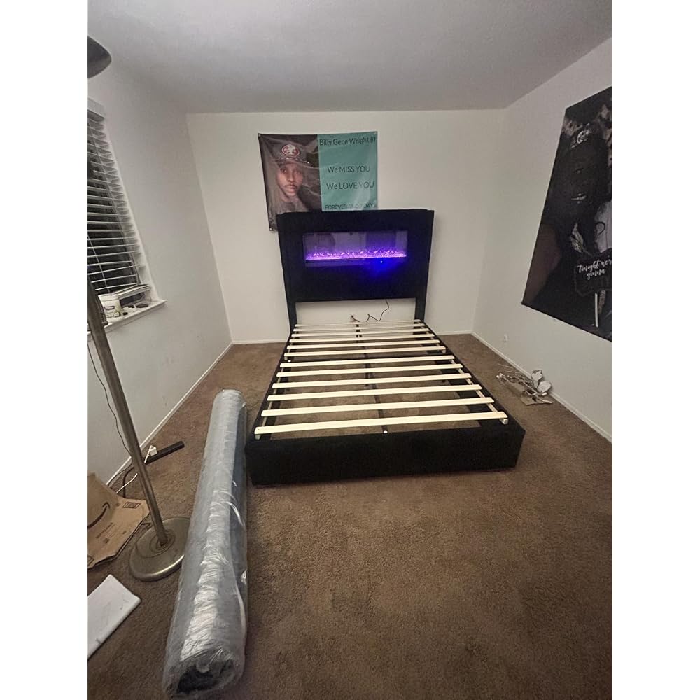 AMERLIFE Cal King Fireplace Bed Frame, Upholstered Headboard, Cream