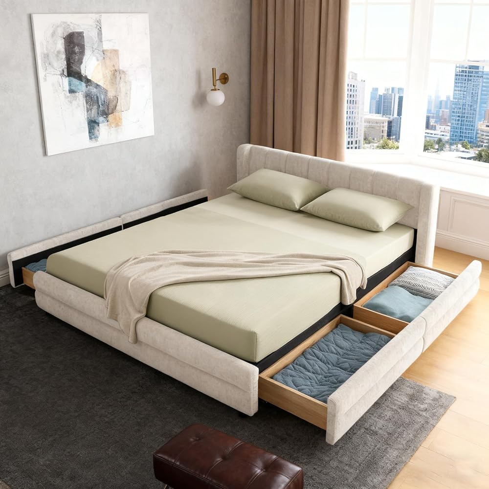 Queen Size Bed Frame with Vertical Channel Headboard, Chenille Upholstered Platform Bed, Solid Wooden Slat Support and 4 Drawers, No Box Spring Needed, Easy Assembly, Beige
