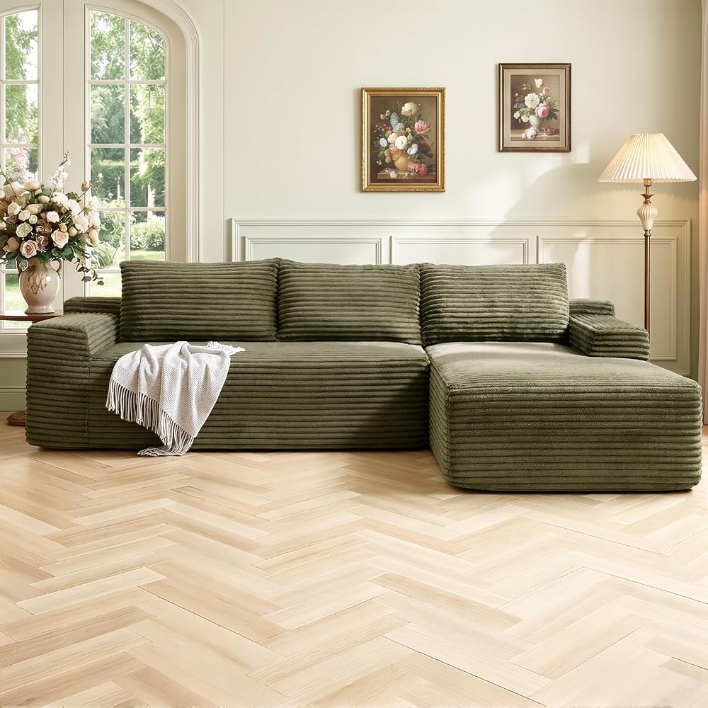 96" Cloud Sectional Couch,Modular Sectional Sofa with Deep Seat,Modern Corduroy Boneless Couches with L-Shape Chaise for Living Room Bedroom,No Assembly Required (Green, Right Facing Chaise)