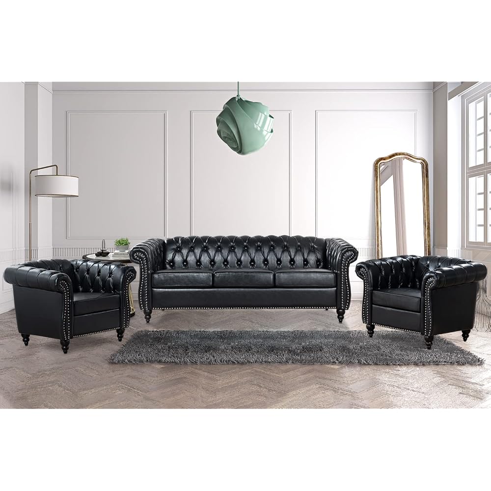 Black Chesterfield Sofa, Faux Leather Sofa Set for Living Room, Luxury Comfy Deep-Seat 3-Seater Couch and Two-Chair Set， for Bedroom, Office, or Apartment. Tool-Free 3-Piece Assembly