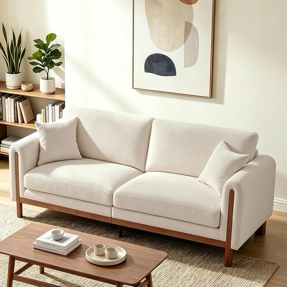 89.8” Mid Century Modern Couch, Handcrafted 3 Seater Sofa with Solid Wood Frame and Chenille, Suitable for Living Room, Apartment and Office(Couch,Beige)