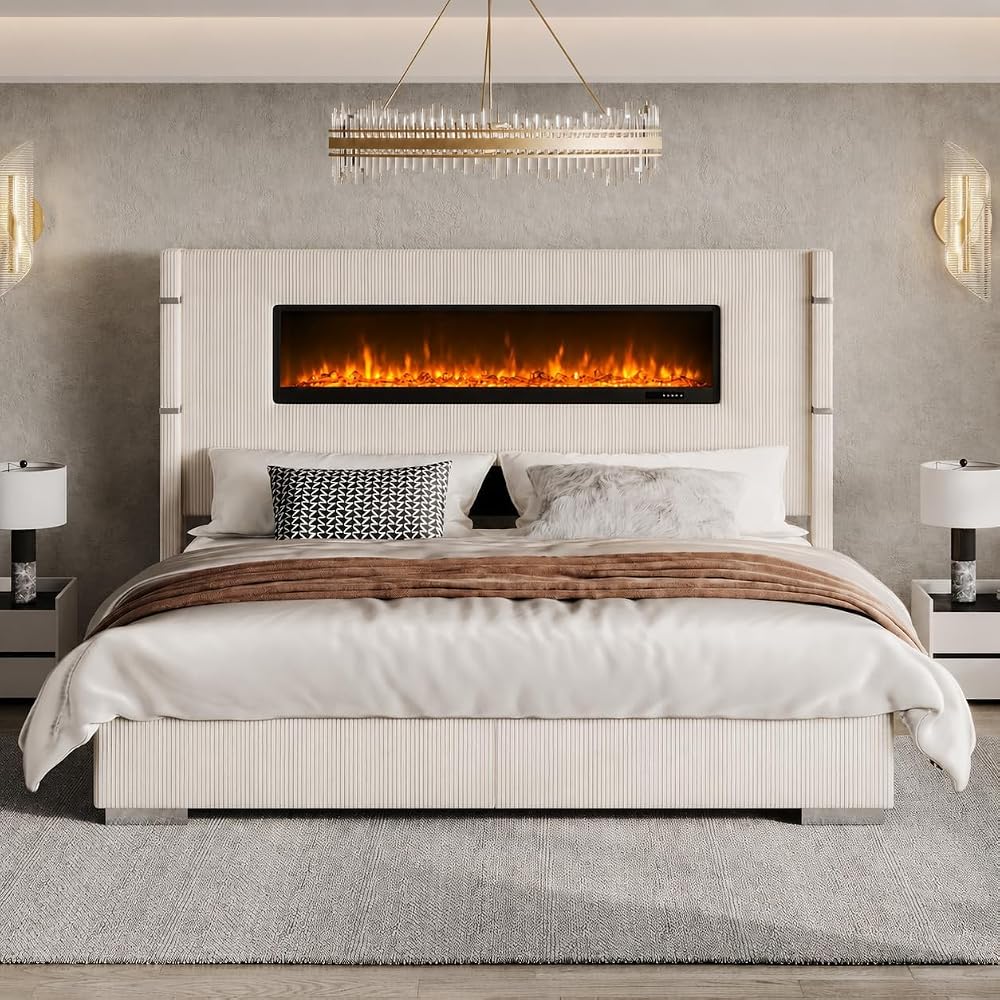 AMERLIFE Cal King Fireplace Bed Frame, Upholstered Headboard, Cream