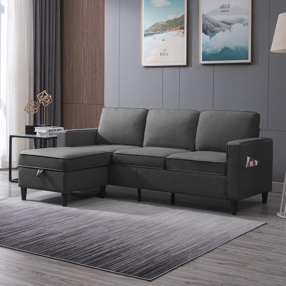 Mjkone Sectional Sofa for Living Room | 3 Seater Convertible Sofa Couch with 2 Side Pockets | Modern Modular Sofa with Storage Ottoman | Small Sofa Chaise for Small Places | Office (Dark Grey)