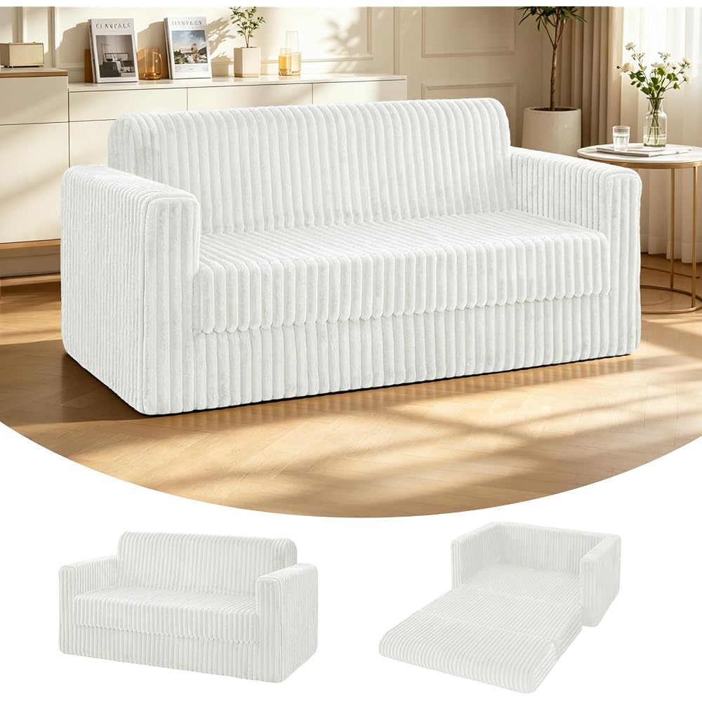 HABUTWAY 49.8" Loveseat Boneless Couch, 4-in-1 Convertible Sofa Bed, Plush Fur Folding Futon Sofa Bed Couches Without Pillow for Living Room, High-Density Foam Support, No Assembly Required, Beige