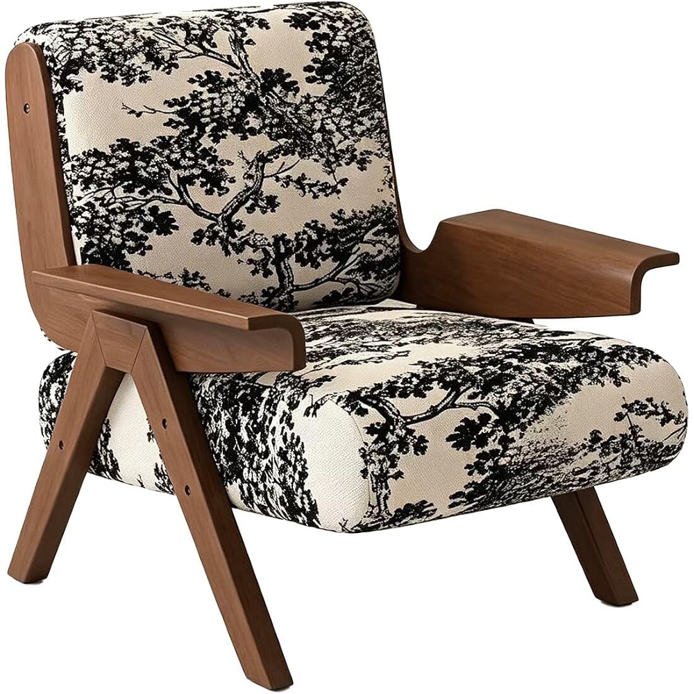 Mid-Century Arm Sofa Chair Striped Accent Chairs Inclined Ergonomic Reading Chair Wood French Wingback Chairs Removable Upholstered Backrestchair for Living Room Bedroom Balcony Study Hotel Cafe