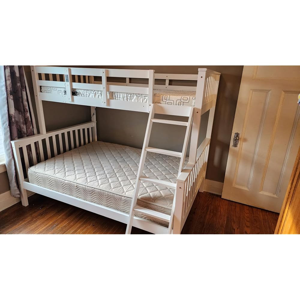 VINGLI Bunk Bed Twin Over Full Size with 15 inches Extra Tall Guardrail/LED Light/Charging Station, Convertible Solid Wood Space-Saving Bed for Small Space, Heavy Duty Wood Slats Support, White