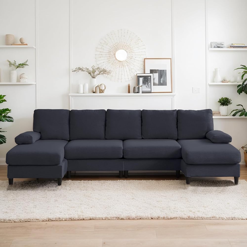 ijuicy U Shaped Sofa Couch with Double Chaises, 114" Sectional Sofa with Sleepable Armrest, 4 Seat Couch with Chaises, Sectional Couches for Living Room, Apartment (Linen, Dark Grey)