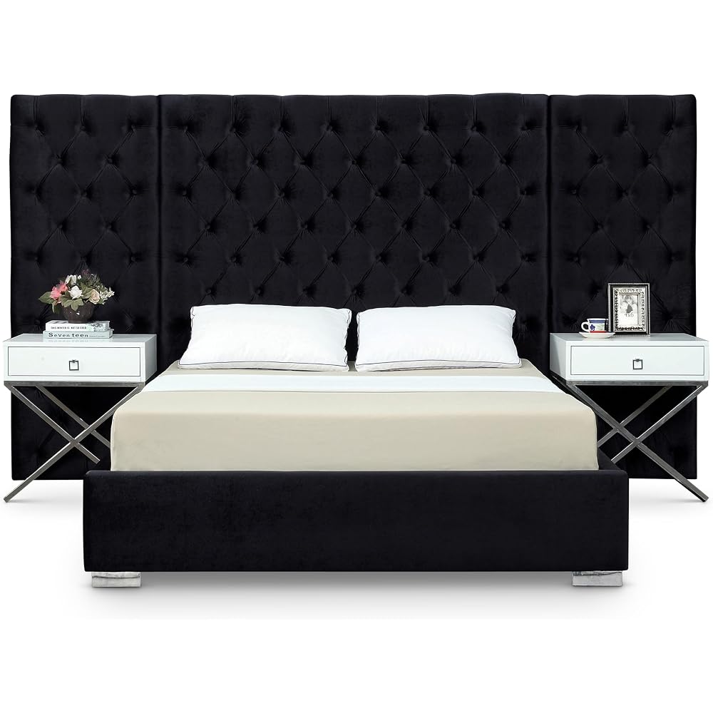 Meridian Furniture Grande Collection Modern | Contemporary Velvet Upholstered Bed with Luxurious Deep Button Tufting and Stainless Steel Legs in Polished Chrome Finish, Black, King