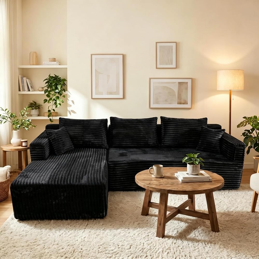 92" Large Cloud Couch, Corduroy Flannel Fabric Sectional Sofa, No Assembly Compression Sofa in a Box, Deep Seat Bone-Free Couch for Small Spaces, 1000 lbs Weight Capacity, Gray