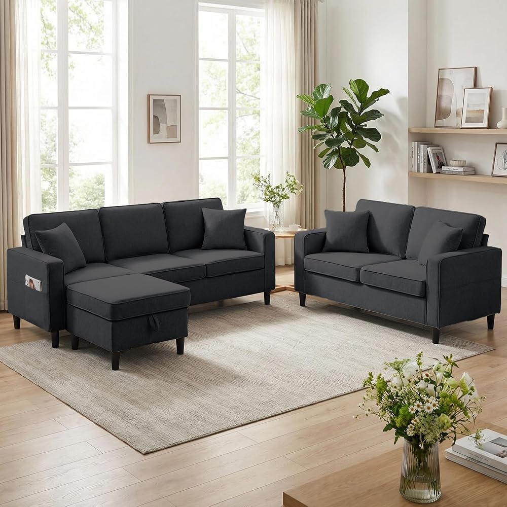 CECER 2 Piece Sofa Sets with Storage Ottoman for Living Room-Dark Grey