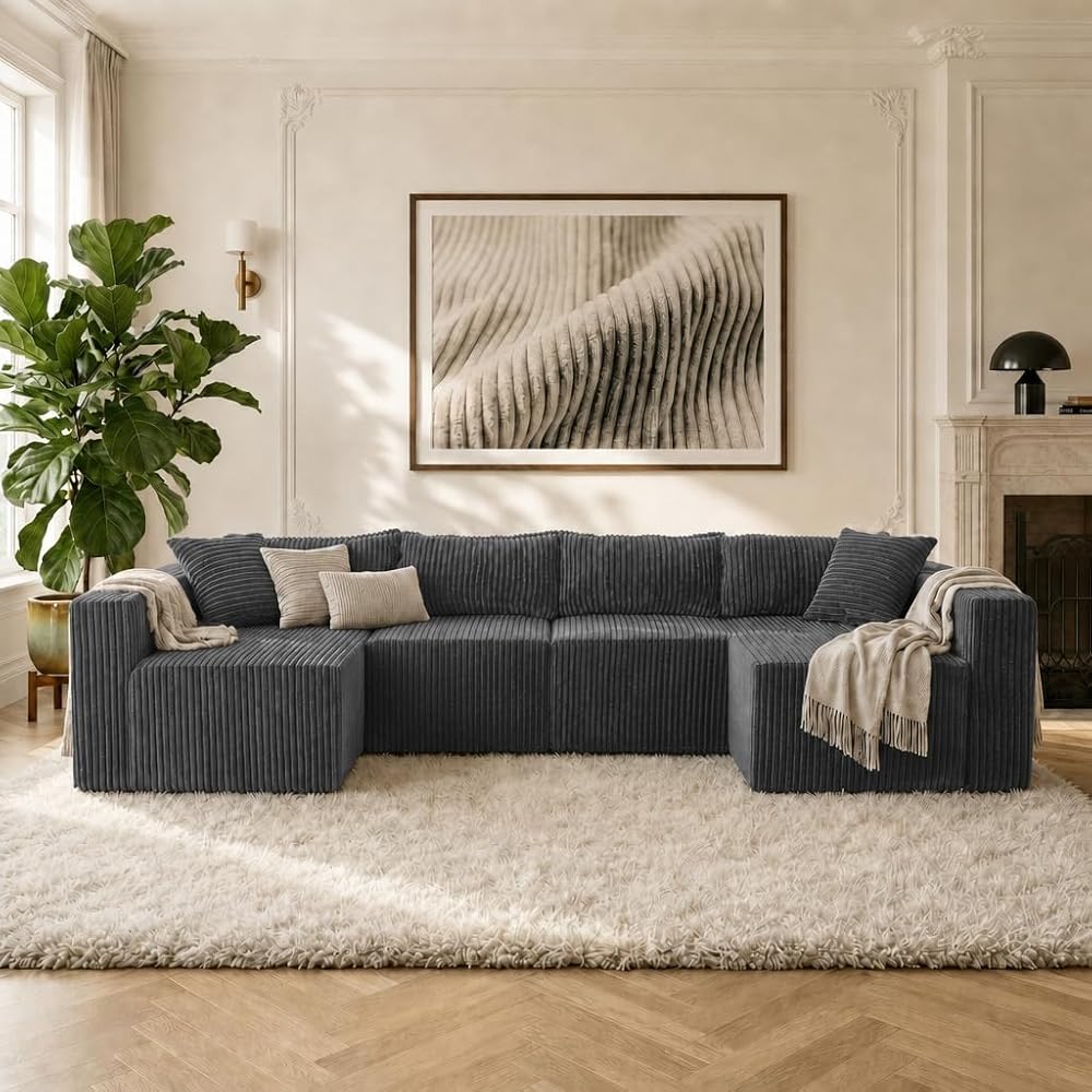 Claiks 128" Modular U Shaped Boneless Couch, Deep Seat Bonless Couches for Living Room, Modern Cloud Sofa with Double Chaise, No Assembly Required, Dark Grey