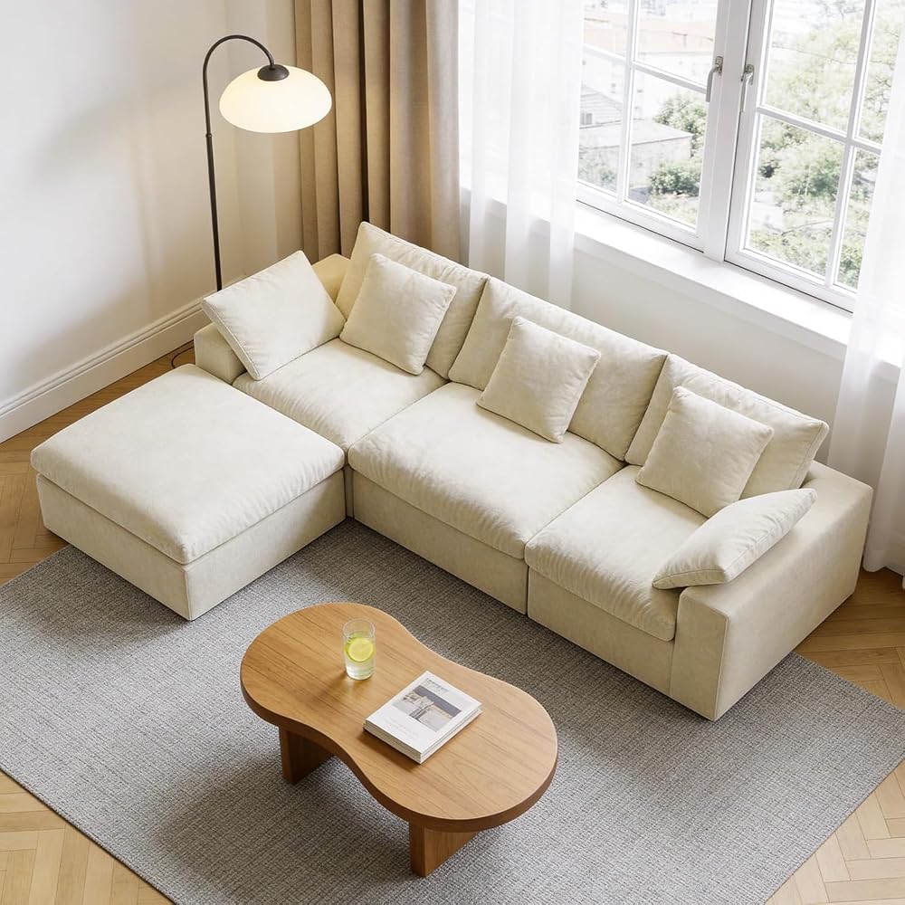 120" Modular Cloud Couch, 3-Seater Boneless Sectional Sofa W/Ottoman