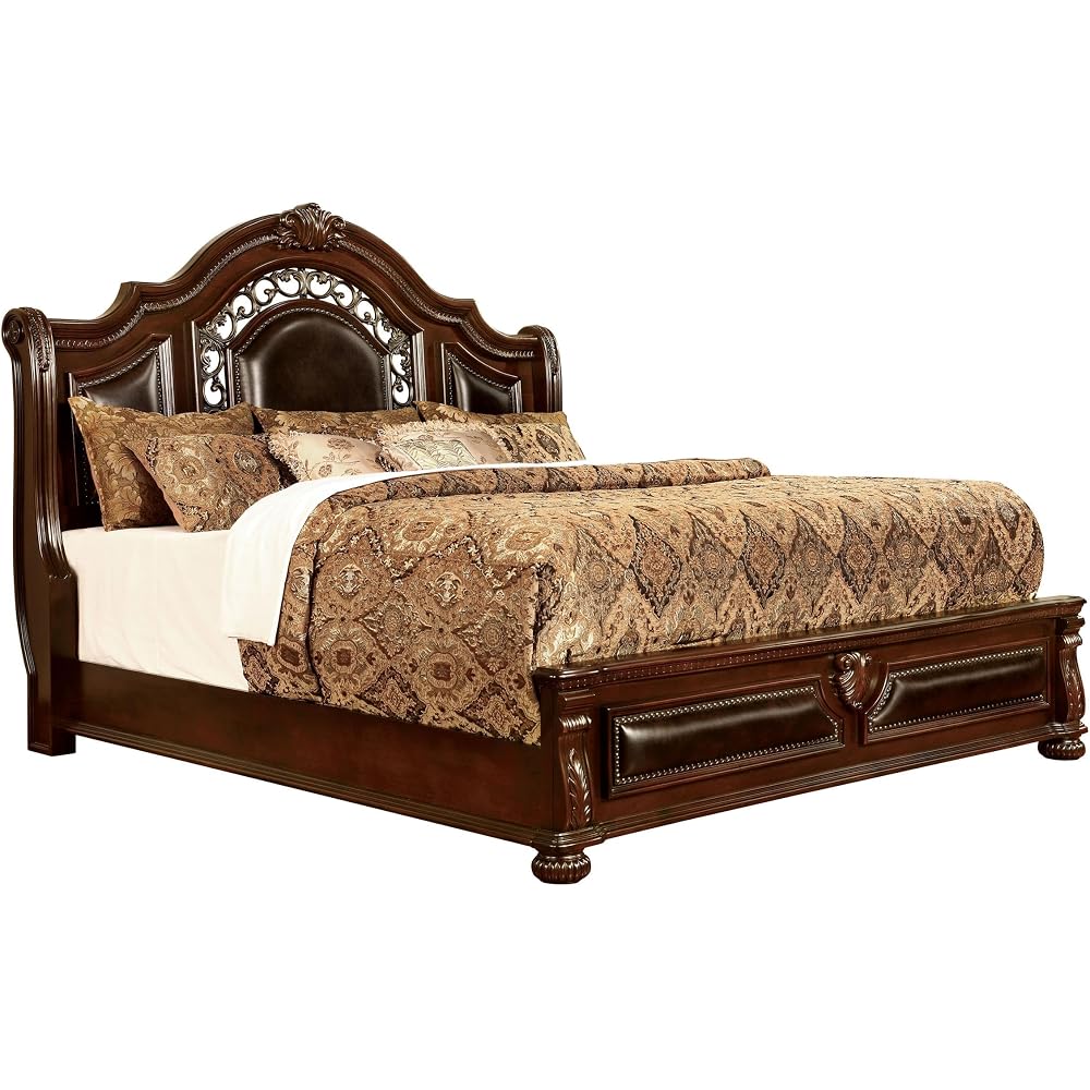 Furniture of America Eleo Solid Wood Panel King Bed in Brown Cherry