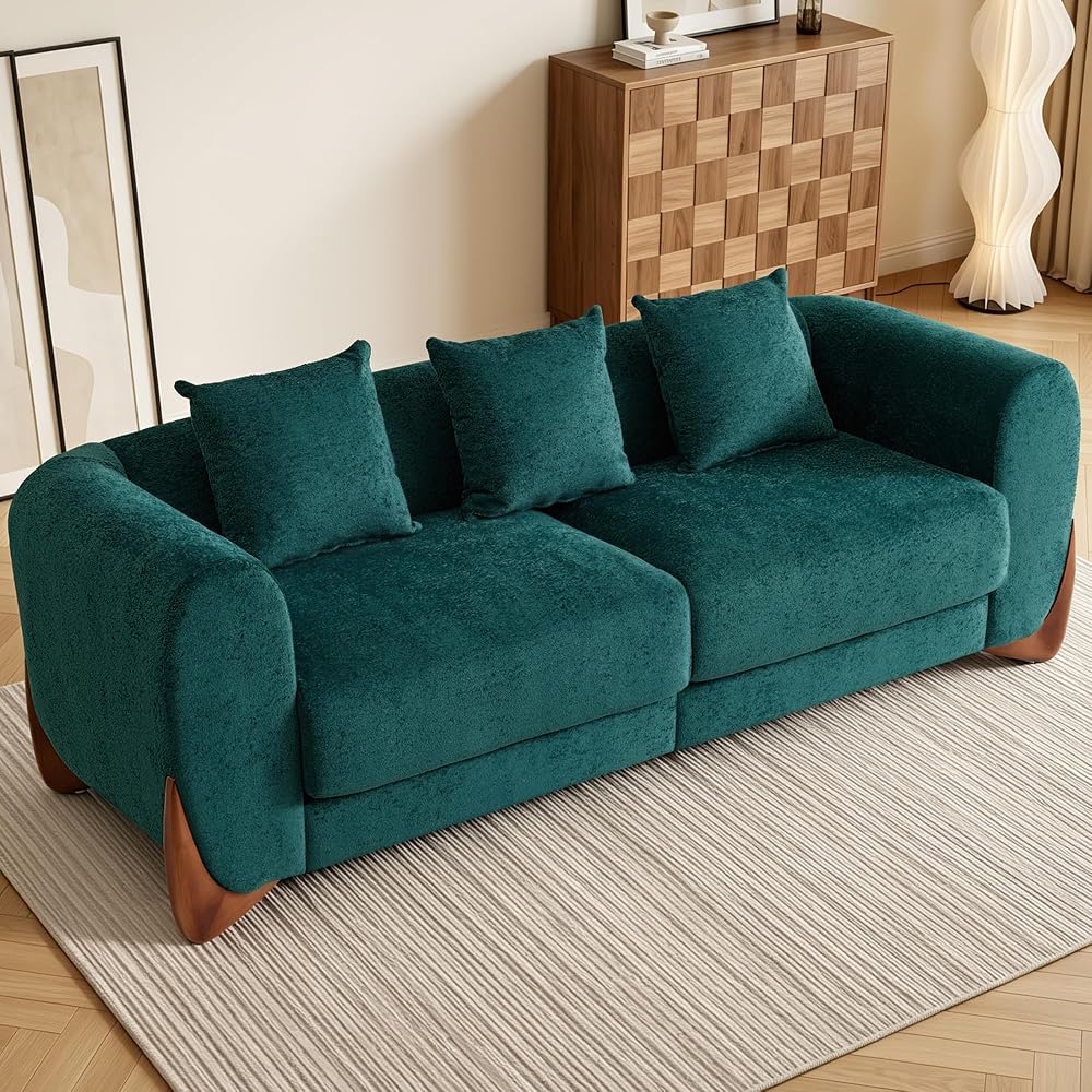 WELAX 85.5" Vintage 3 Seater Cloud Couch, Comfy Deep Seat Upholstered Sofa with Solid Wood Legs, Soft Coral Fleece Couches with 3 Pillows for Living Room, Bedroom, Apartment, Green