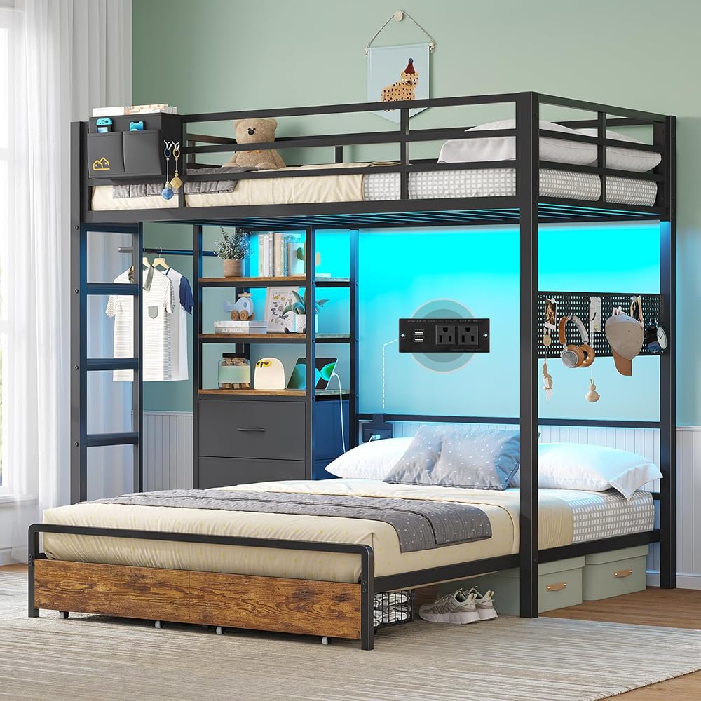 Bunk Bed Twin Over Full with 4 Storage Drawers and 3-Tier Bookshelf, Black