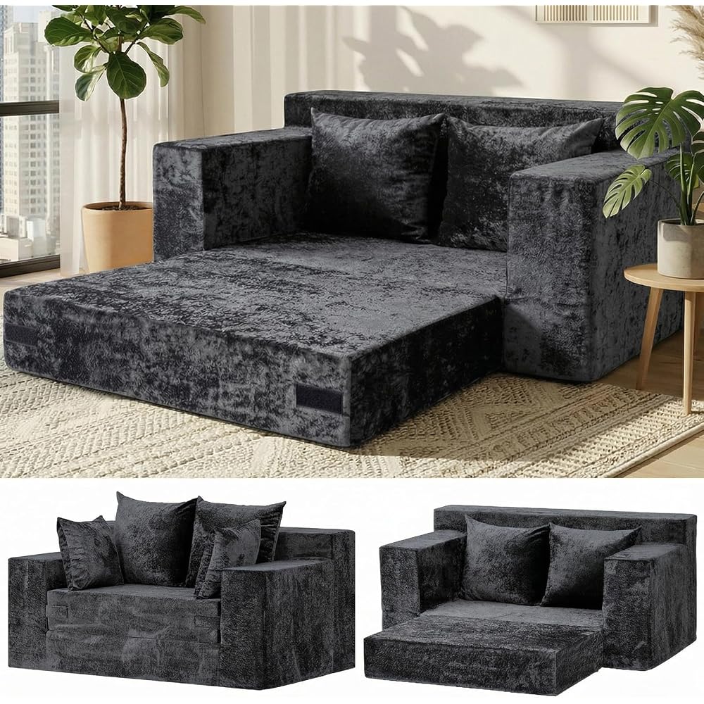 56" Boneless Couch, 5-in-1 Boneless Loveseat Sleeper Sofa Bed, Mini Convertible Pull Out Corduroy Futon Couch with Side Pockets & Handle, Folding Floor Sofa Bed with 4 Pillows for Small Space