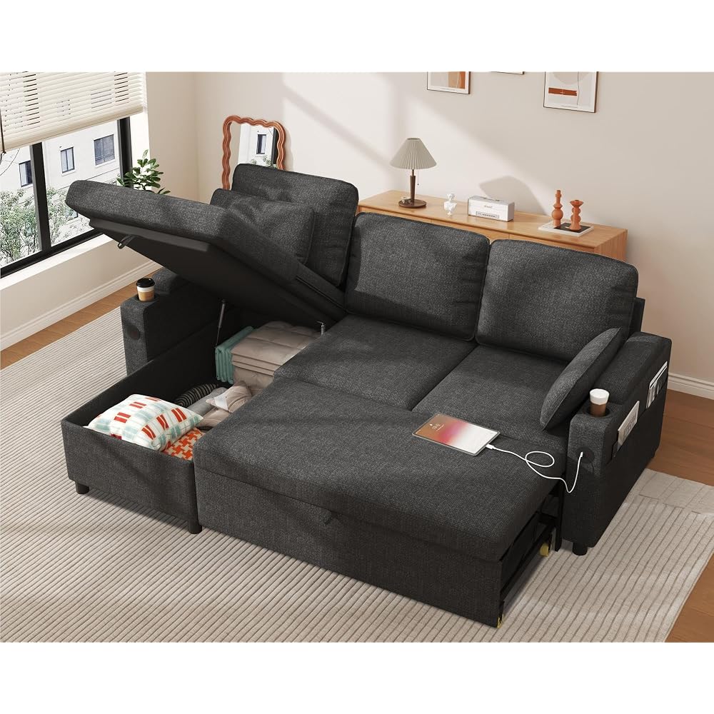 DURASPACE Sofa Bed, Sleeper Sofa Couch with Pullout Bed for Living Room, L Shaped Couch with Storage Chaise, USB, Cup Holder (Dark Gray)