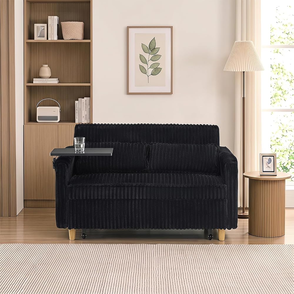 54" 3‑in‑1 Pull‑Out Convertible Sleeper Sofa Bed, Corduroy with Adjustable Backrest, USB Charging Port, Side Storage Pockets, Space‑Saving for for Living Rooms, Apartments and Bedrooms (Black)