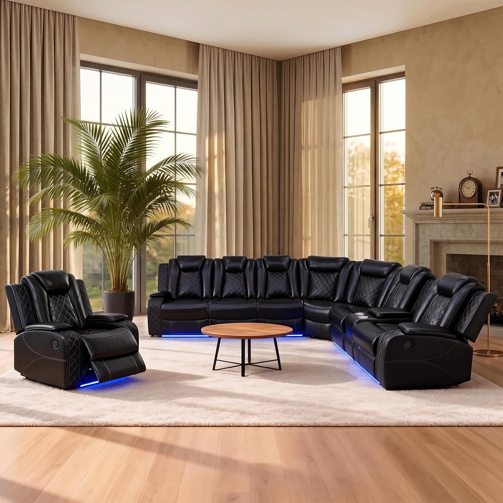 Power Reclining Sectional Sofa for Living Room,Modern L-Shaped Air Leather Sectional Couch Set,Recliner Sofa Set,with LED Lights,Cup Holder,Storage,Charging Ports,Home (Sectional+C)