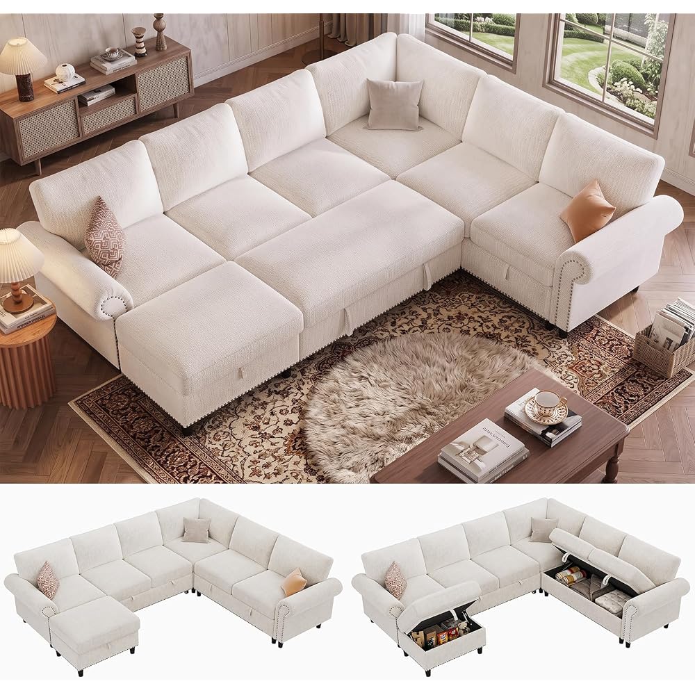 106" Modular Sectional Sleeper Sofa for Living Room with Pull Out Bed, 7 Seat U Shaped Pull Out Couch with Storage, Modular Sectional Sofas, Modern Chenille Couch Bed Sofas, White