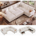 106" Modular Sectional Sleeper Sofa for Living Room with Pull Out Bed, 7 Seat U Shaped Pull Out Couch with Storage, Modular Sectional Sofas, Modern Chenille Couch Bed Sofas, White