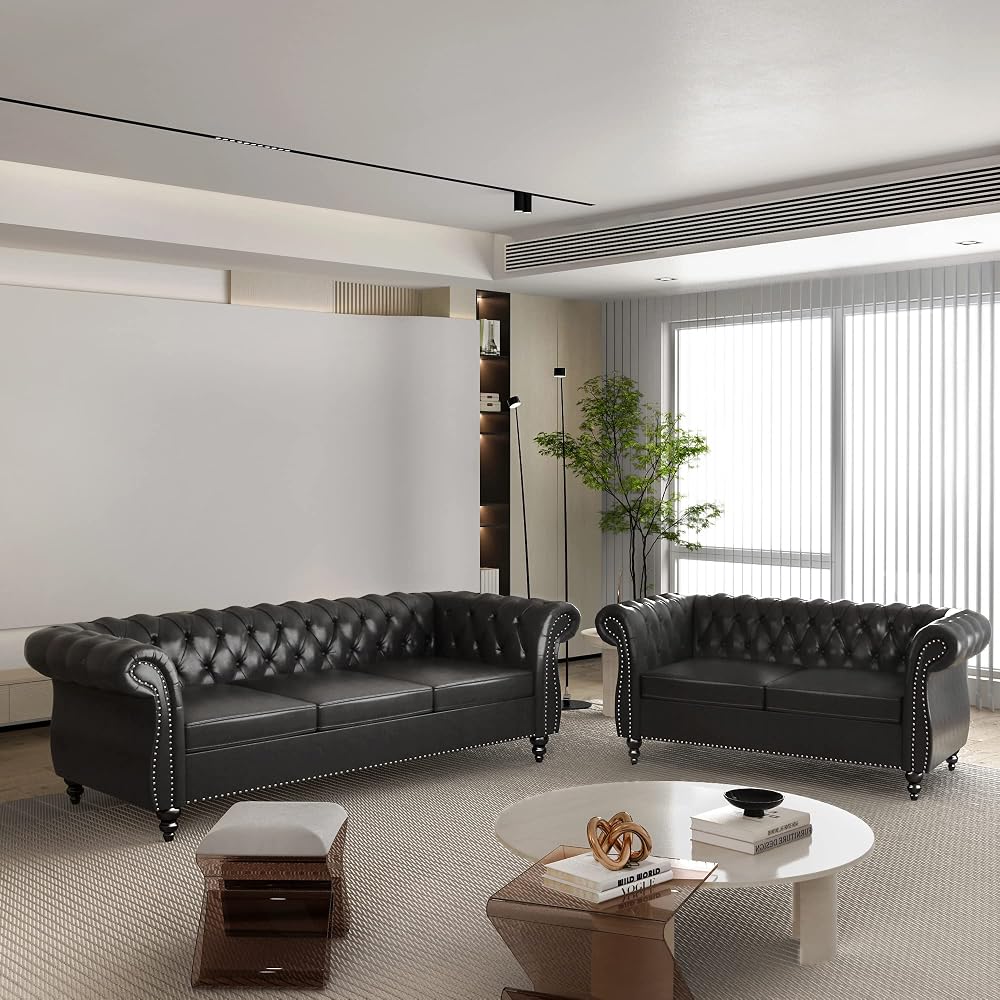 AVZEAR 2-Piece Living Room Sectional Sofa Set, Upholstered Sofa Modern Sofa Couches Set Style Button Tufted, PU Chesterfield Sofa for Living Room Apartment, 2+3 Seat PU Black