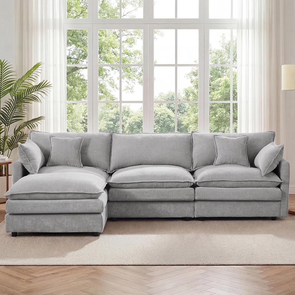 102" L Shaped Modular Sectional Sofa, Comfy Upholstery Chenille Cloud Couch with Ottoman, Modern 4-Seat Deep Seat Sofa with Pillow for Living Room, Bedroom, Apartment, Grey
