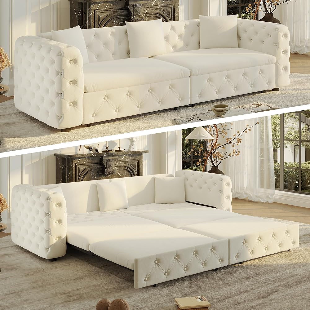 Polibi 89" Extra Large Pull Out Sofa Bed,3-in-1 Multifunctional 4-Seater Sleeper Sofa with 3 Throw Pillows,Classic Velvet Tufted Couch for Living Room & Apartment, Heavy Duty Metal Frame, Beige&White