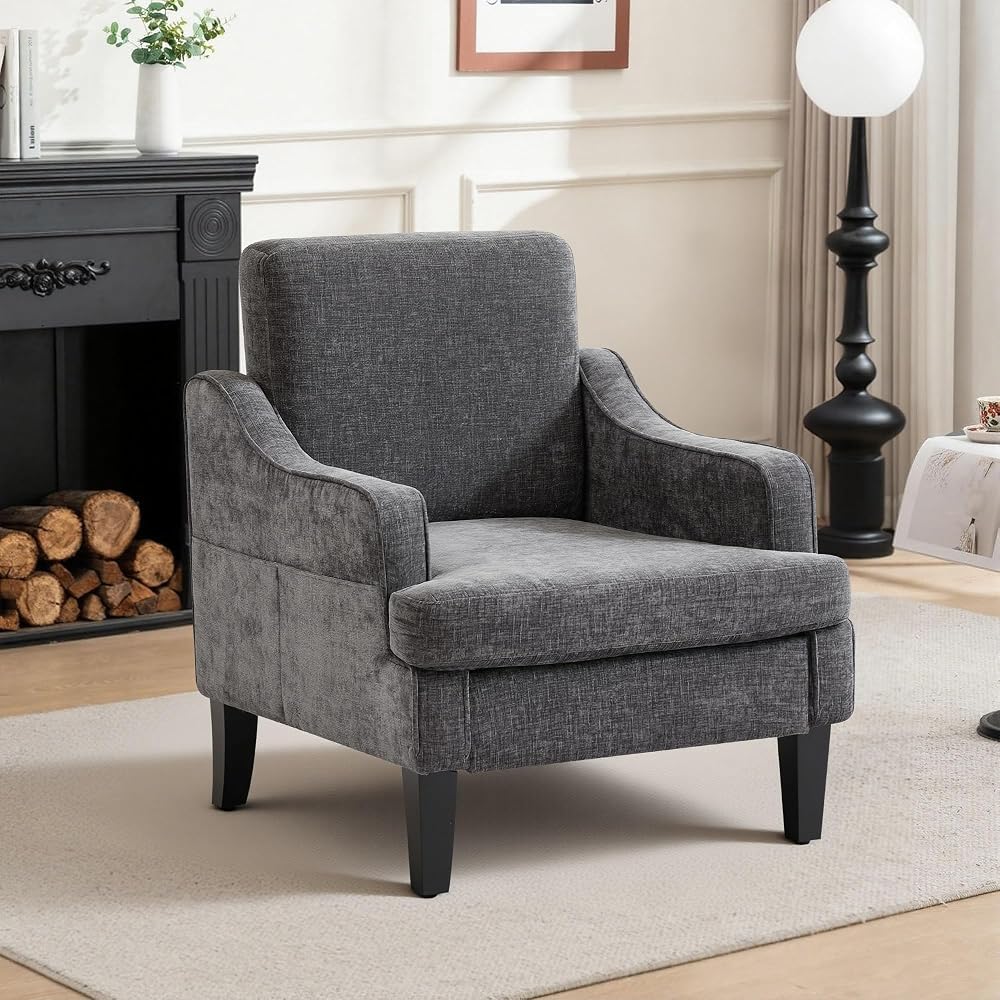 Mid-Century Accent Chair, Comfy Arm Chair Upholstered Living Room Chair for Bedroom, Fabric Reading Chair with Wood Legs for Apartment, Waiting Room, Vanity Room (Darkgray)