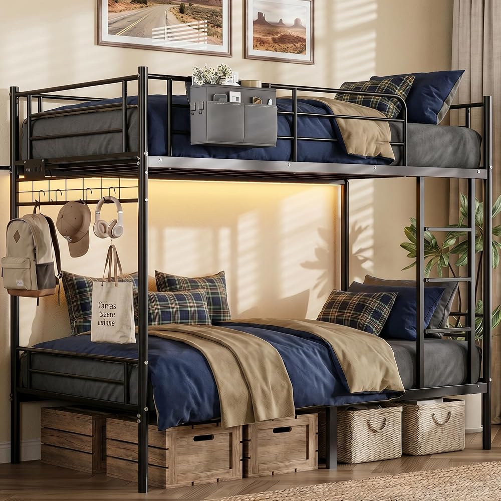 Bunk Bed,Bunk Bed Twin Over Twin with Power Outlet and LED Lights,Black