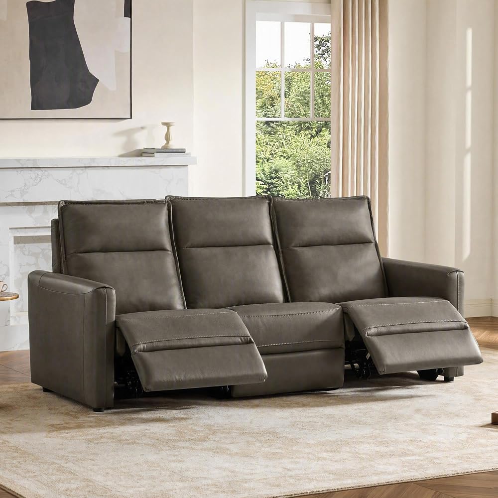 CHITA Genuine Leather Couch, 3-seat 2 Power Recliner Sofa, Dark Gray